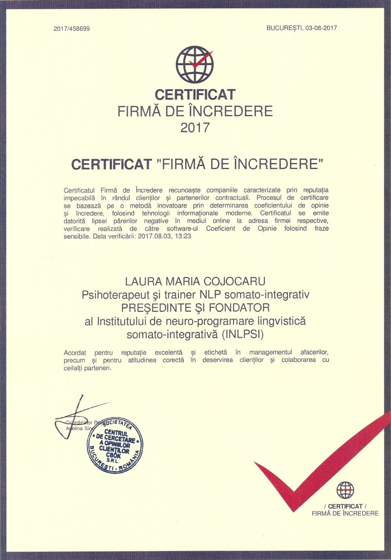 Certificat Laura Maria Cojocaru firma de incredere nlp